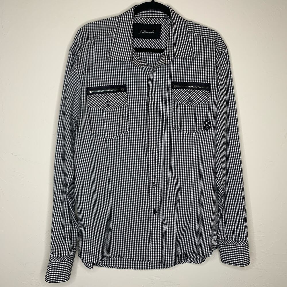 7 Diamonds Checked Black White Button Front Shirt Sz XXL